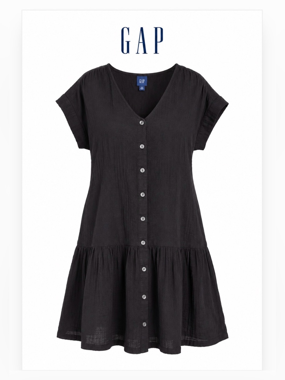 GAP Black Button-Front Tiered V-Neck Dress